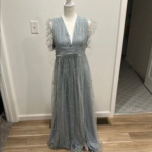 Baltic Born Blue Gray Plunge Neck Maxi Dress